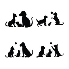 Playful silhouettes of dogs, cats, puppies, and kittens illustrating pet life © Samad02