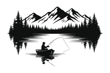 fishing boat silhouette and mountain