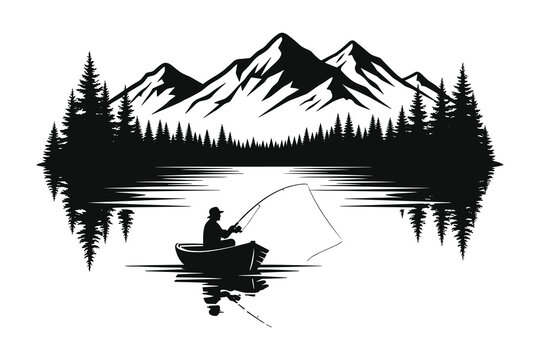 fishing boat silhouette and mountain