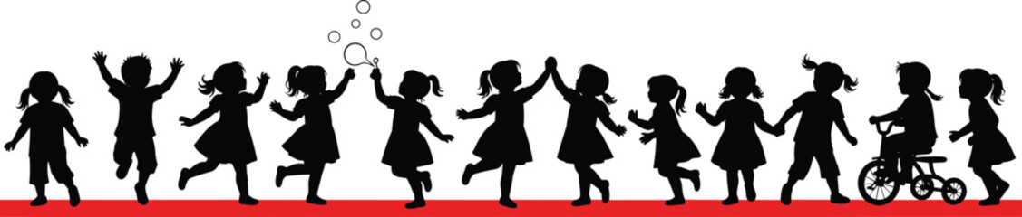 Silhouette children playing, running, jumping, holding hands, blowing bubbles, tricycle riding, joyful childhood activities, vector illustration design elements