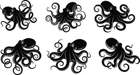 Black octopus silhouette vector collection, detailed sea creature icons, kraken tentacles set, marine life illustrations, ocean animal graphics for logo design © Robiul