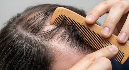 Hair Loss Examination: Man combing thinning hair on scalp with wooden comb, male pattern baldness, alopecia treatment, dermatology healthcare, scalp health and grooming concept