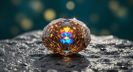 Luxury Gemstone: Large orange diamond sparkling on dark rock, precious jewelry, brilliant crystal gem, elegance and wealth, high end jewelry and gemstone investment concept