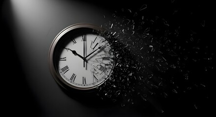 Time Passing: Broken wall clock shattering into pieces on black background, deadline pressure, aging process, fleeting moments, eternity and time management concept