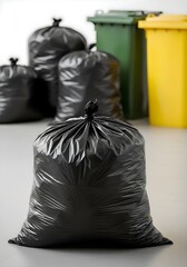 Waste Management: Black plastic garbage bags in front of green and yellow recycle bins, domestic trash disposal, sanitary household cleaning, urban refuse service, pollution control concept