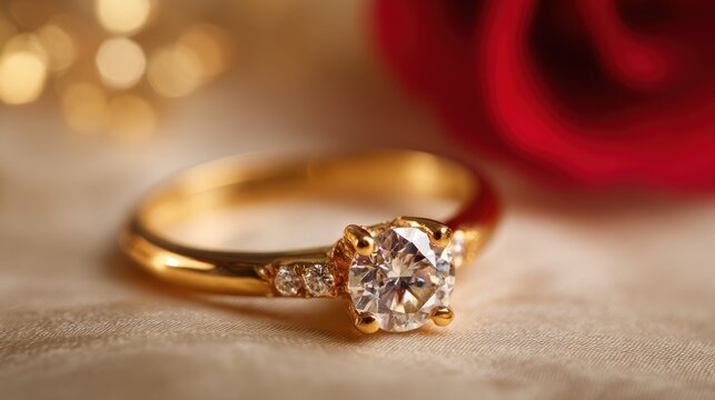 A gold engagement ring with a large diamond on a soft, textured surface with a blurred red rose in the background.