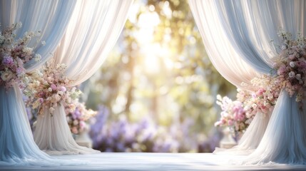 A wedding arch with floral arrangements and a natural outdoor setting.