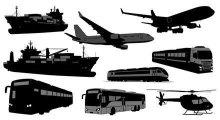 Collection of Silhouetted Transportation Vehicles and Aircraft. © Toknah