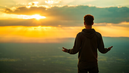 Fototapeta premium A man stands on a mountain peak admiring the breathtaking golden sunset.