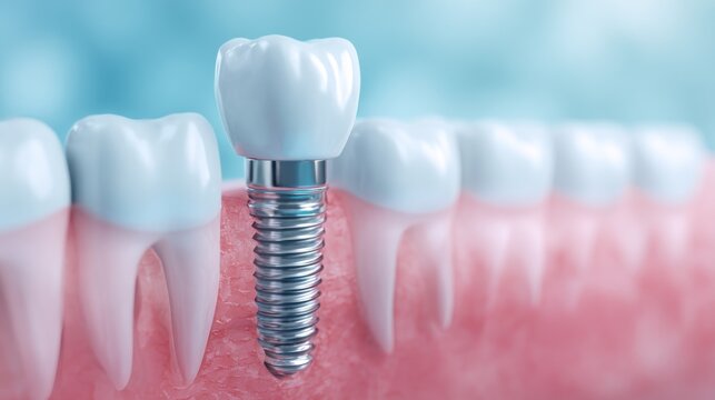 A dental implant in a row of teeth with a blue background.