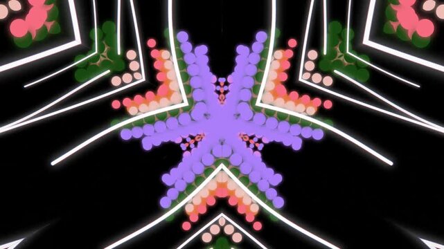 Vibrant Abstract Symmetry: Neon Kaleidoscopic Pattern with Radial Star Motifs.