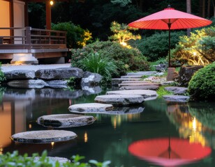 Fototapeta premium Traditional Japanese Garden and Wooden Pavilion at Night with Red Wagasa