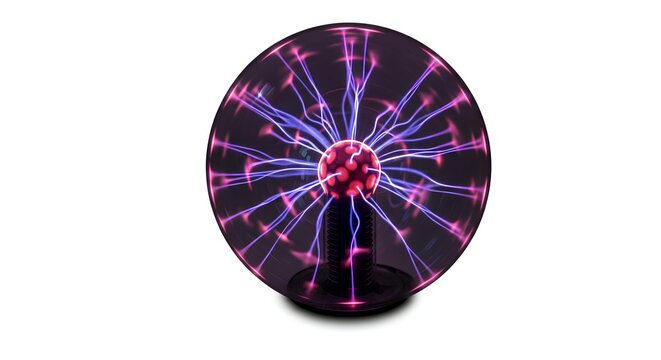 Plasma ball with vibrant electric discharges on white background.