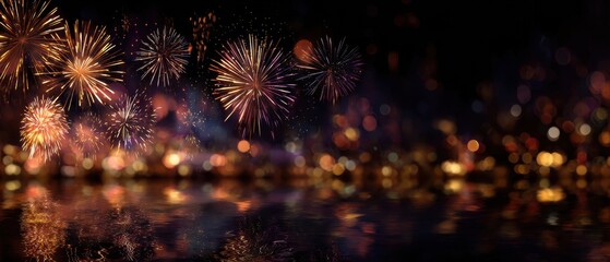Fototapeta premium Dazzling Golden Fireworks Bursting Over Blurred Water Reflections at Night.