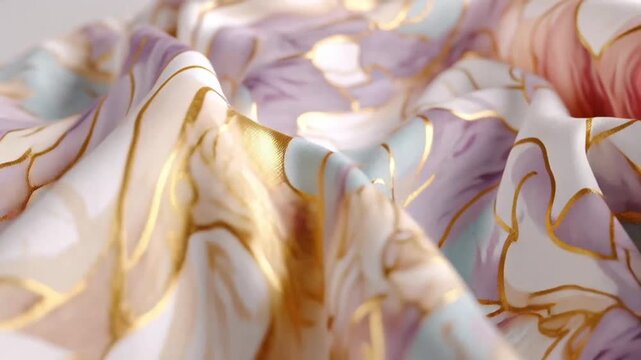 Close-up of a flowing silk fabric with a floral pattern and gold accents, showcasing texture and luster