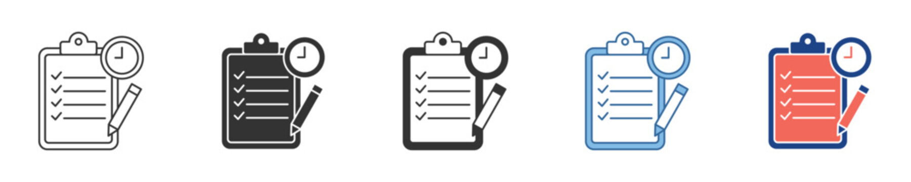 Versatile Task Management Icons Clipboard with Checklist, Pencil, and Clock Symbolizing Time Tracking, Productivity, and Deadline Reminders in Various Styles