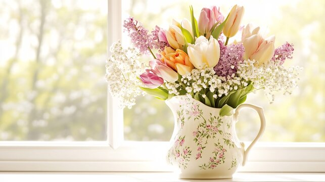 Springtime bouquet of pastel colored tulips lilacs and babys breath placed in a vintage ceramic pitcher The bouquet is set on a bright windowsill with sunlight filtering through
