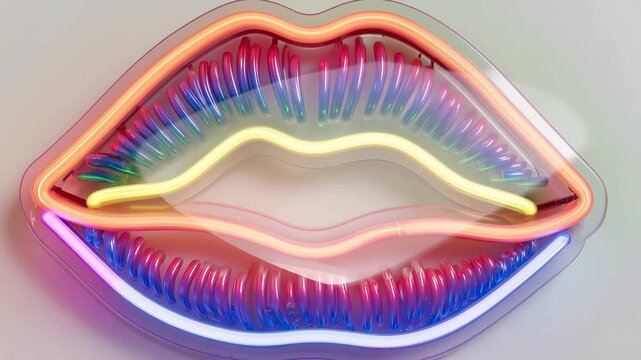 Vibrant neon lips sculpture with rainbow colors on gray background