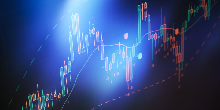 stock market candlestick chart on digital screen with blue backlight, technical analysis, trading volatility, price dynamics, forex market data visualization concept and financial data.