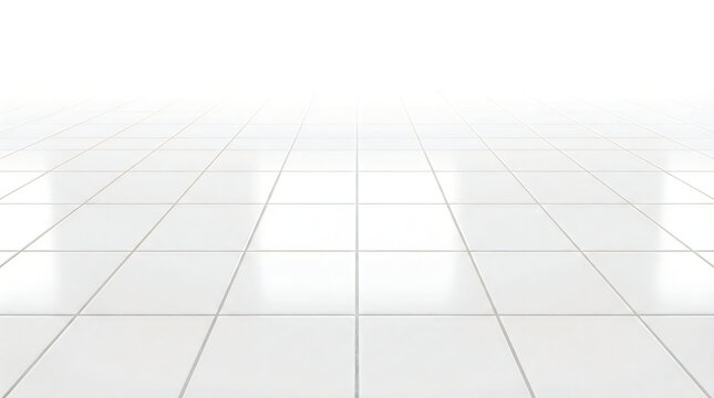 Wide-angle perspective of glossy white ceramic floor tiles fading into a bright high-key white horizon for minimalist architectural design background.