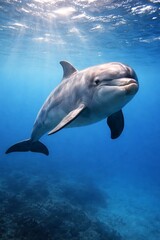 Naklejka premium A dolphin swims underwater in the ocean with sunlight shining through the waves above