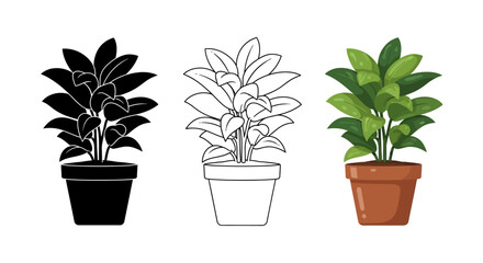 Obraz premium Collection of houseplant vector illustrations showing silhouette outline and full color versions of a tropical potted foliage plant ideal for decoration or gardening themes
