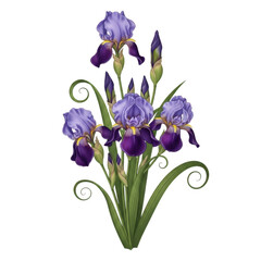 Naklejka premium A vibrant bouquet of purple irises with delicate green stems and leaves isolated on transparent background