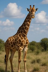 Obraz premium A tall giraffe stands in a grassy field with trees and a blue cloudy sky, viewed from the side.