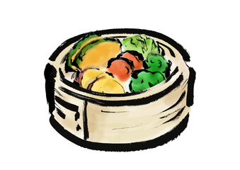 蒸篭に入っている野菜の和風筆イラスト素材