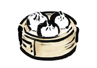 蒸篭に入っている肉まんの和風筆イラスト素材