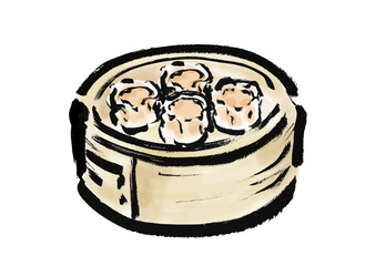 蒸篭に入っている焼売の和風筆イラスト素材