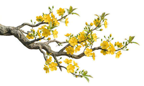 Yellow Ochna Integerrima blossoms on a gnarled branch against black background