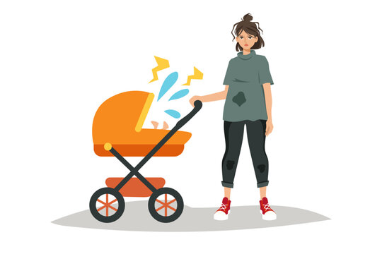 Depressed girl with a stroller. Motherhood. Vector cartoon illustration.