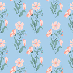 Seamless floral pattern with pastel spring flowers and green leaves on soft blue background, flat vector style, repeating design ideal for fabric, wallpaper, wrapping paper, and seasonal branding.