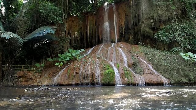 Small waterfall and roots cover the cave