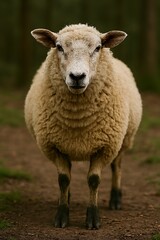 Fototapeta premium A fluffy sheep standing in a forest clearing, looking directly at the camera with curiosity and calmness from a frontal viewpoint.