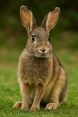 A brown rabbit sitting on green grass looking directly at the camera in a natural outdoor environment