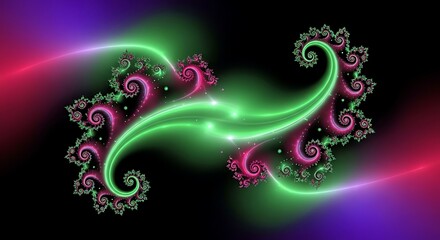 Abstract fractal art featuring vibrant swirling green and pink patterns glowing against dark space