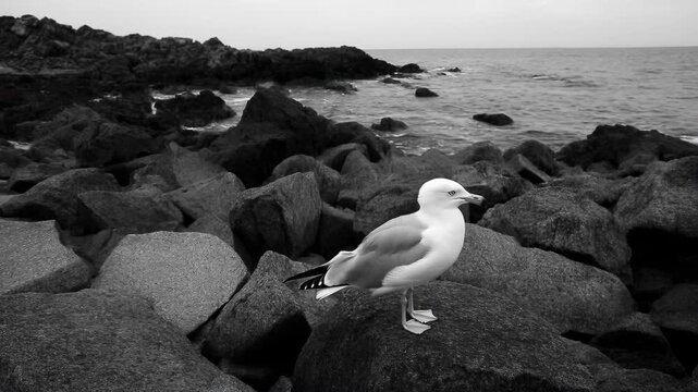 Gull On Rocks. Vigilant Seagull Rests On Rocky Shoreline As Waves Gently Wash Over Surrounding Pebbles