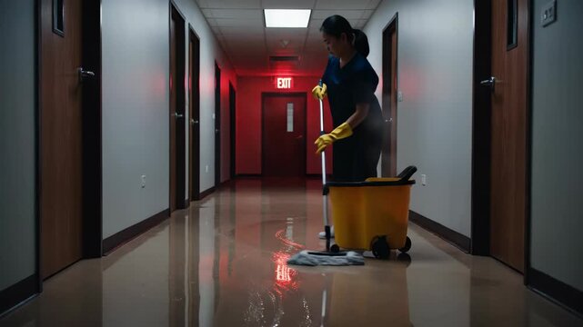 Woman mops a dark hallway with a glowing red EXIT sign reflecting on the wet floor