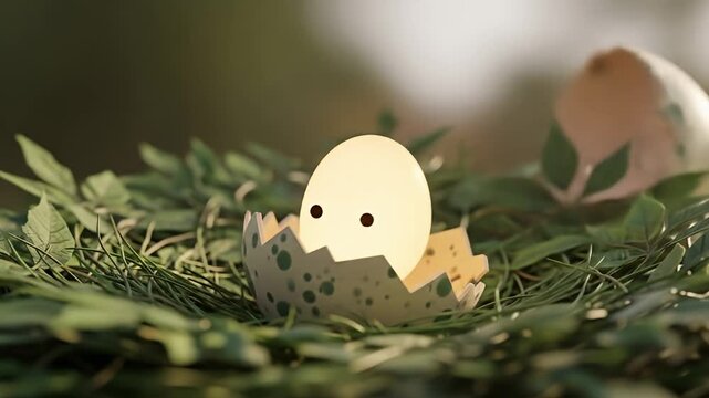 Glowing egg with dot eyes in a cracked, spotted shell nestled in a green leafy nest