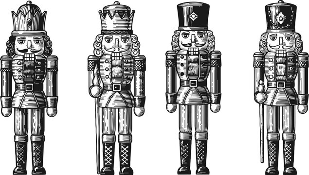 Classic vintage nutcracker soldier figures set of traditional toy wooden characters in detailed black and white engraving