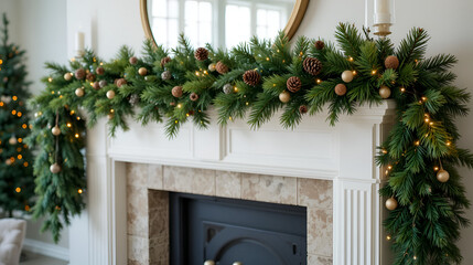 Cozy living room mantel adorned with a lush evergreen Christmas garland, pinecones and warm fairy lights