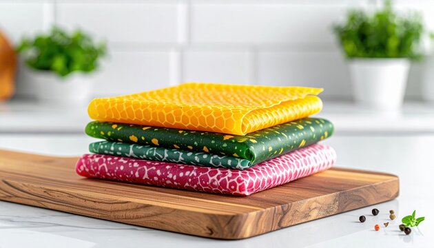 FlyPro Firefly assortment of vibrantly colorful and naturally patterned biodegradable beeswax wraps, neatly folded and ready for effective food preservation.