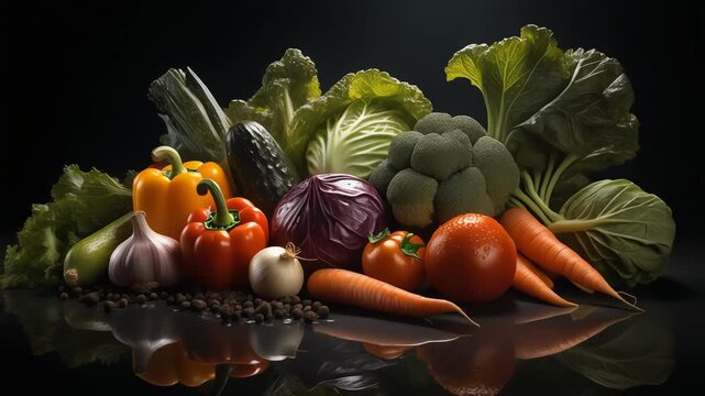 Assorted fresh vegetables on dark background, dramatic studio lighting, rich colors, farm to table concept, ultra detailed texture, cinematic food commercial look, 8K.