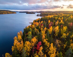 Obraz premium Aerial view of a stunning lake with vibrant autumn forests