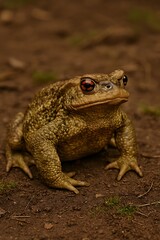 Fototapeta premium A large toad sits on the ground in a natural outdoor environment viewed from a low angle