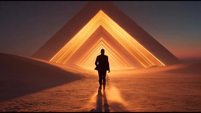 Person approaches glowing pyramid structure in desert at sunset with vibrant colors