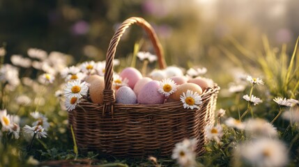 A basket of Easter eggs in a field of daisies.