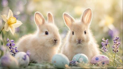 Two adorable bunnies with Easter eggs in a vibrant, blooming garden with daffodils and lavender.
